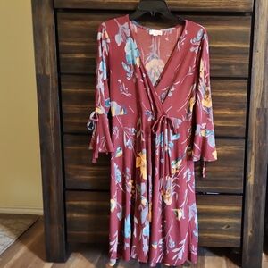 Misia Floral Wrap Mini Dress in Burgundy with Blue and Yellow Blossoms